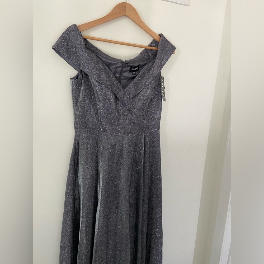 Xscape Off‎ the Shoulder V-Neck Silver Sprakly Fit and Flare Gown Dress - Picture 4 of 9